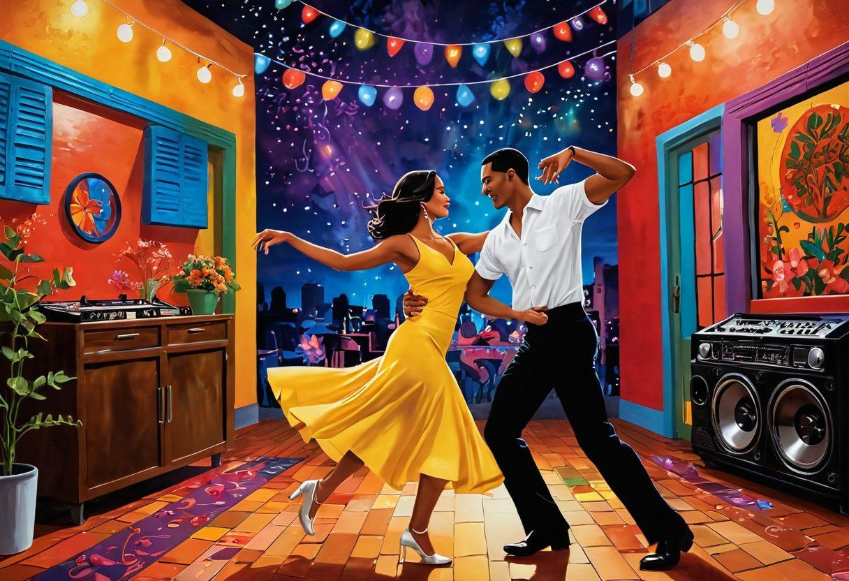 A vibrant, dynamic scene featuring a passionate couple dancing salsa under twinkling lights, surrounded by musical notes and vinyl records representing romantic Latino hits. The background includes colorful murals inspired by Latin culture, with flowers and abstract patterns adding to the liveliness. Bright, warm colors dominate the palette to evoke a sense of love and energy. super-realistic. vibrant colors. dynamic composition.