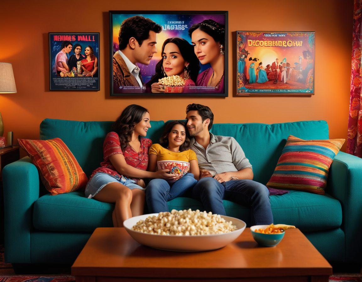 A cozy living room scene featuring a couple snuggled on a sofa, surrounded by colorful cushions, streaming a romantic Hispanic film on a large screen. The walls adorned with posters of famous Hispanic films, soft lighting creating an intimate atmosphere, and a bowl of popcorn nearby. Emphasize warm tones and a sense of love and connection. super-realistic. vibrant colors.